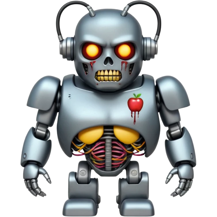 fat zombie robot terminator character, straight-on angle, rounded features, bright colors, clean transparent background, Apple emoji style emoji