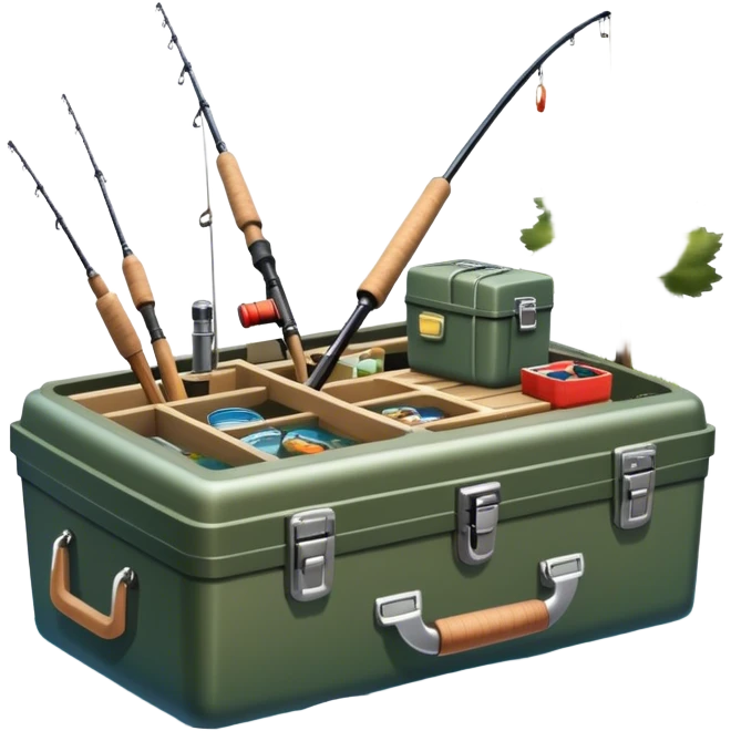 Icon for Fishing: a boat on the shore of a peaceful water body with a beautiful natural landscape, a fishing tackle box, a spinning rod. The icon should capture the tranquility and gear of a fishing adventure. Without frame. Transparent background. emoji