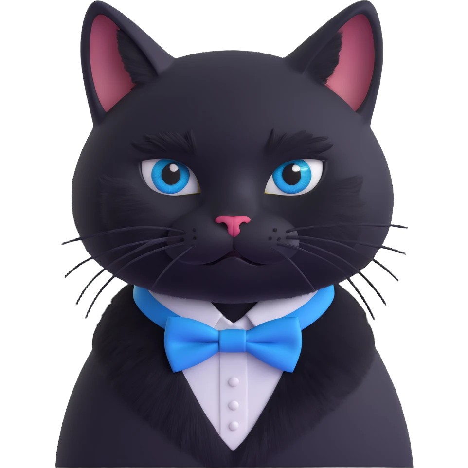 solid black cat no tuxedo markings wearing a blue bowtie collar, 3D style, realistic details, soft fur, expressive eyes emoji