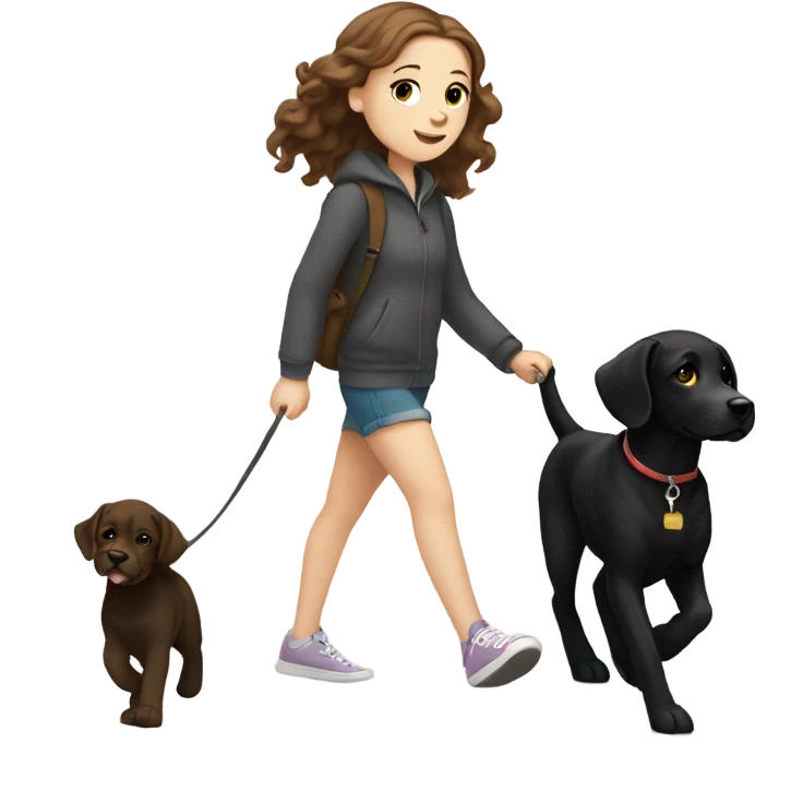 White girl with wavy brown hair walking a black Labrador emoji