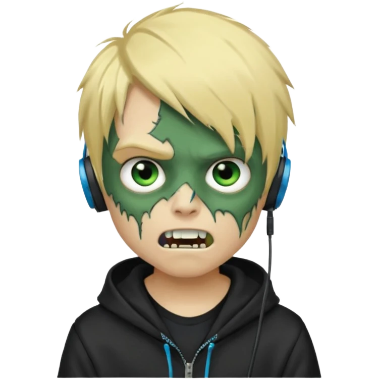 boy zombie whit blonde emo hair and eyes blue and GREEN SKIN and heandphones black AND A MICROFONE AND GOLD TEETH and agesive face and the hoodie black  emoji