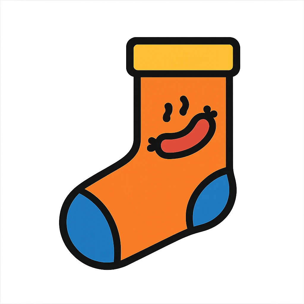 clean icon of a single sock with a sausage motif, flat design, easy to recognize at small sizes, limited colors emoji