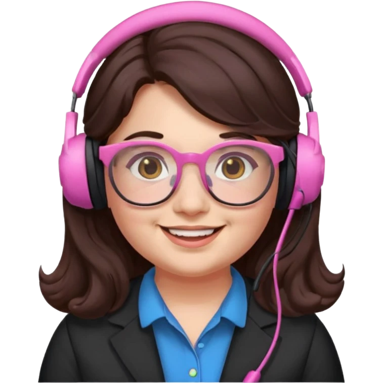 chubby English teacher, smiling, pink glasses, long wavy dark brown hair, face only, subtle gamer headset, classroom background, emoji style emoji