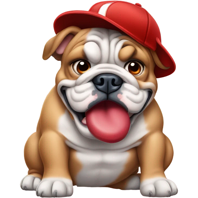 English bulldog with blue eyes tearing up a red baseball hat emoji