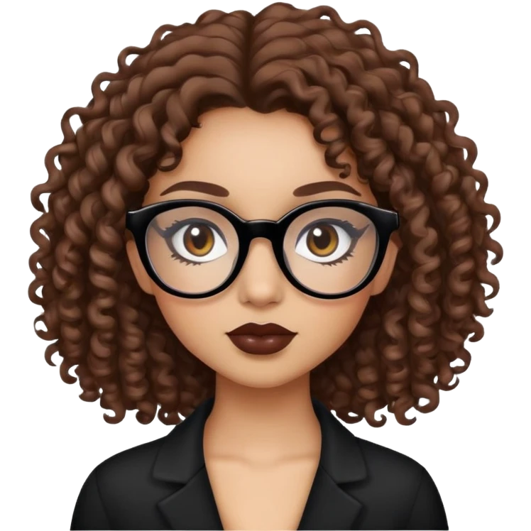 Uma menina de cabelo cacheado castanhos e branca com olhos castanhos escuro e de óculos preto e com maquiagem emoji