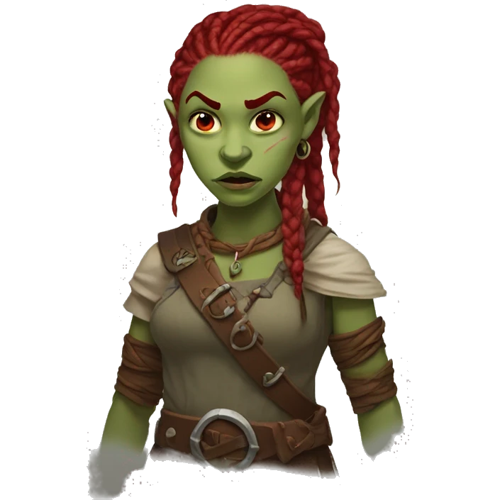 Half-Orc girl with red braided dreadlocks and red eyes, with tiny tusk, winking emoji