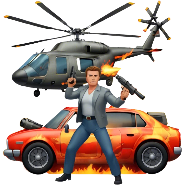 Icon for Action Movies: Arnold Schwarzenegger in the lead role, in an intense action pose with weapons, explosions, a car and helicopter flying out of flames in the background. The design should capture the explosive energy and heroism of classic action films. Transparent background. emoji