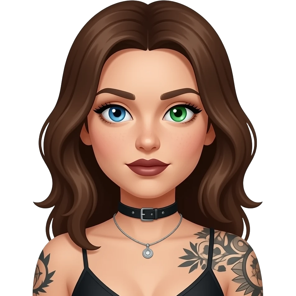 Pale skinned woman with One blue eye one green eye pale white woman with brown hair and tattoos and dark Feminine makeup emoji