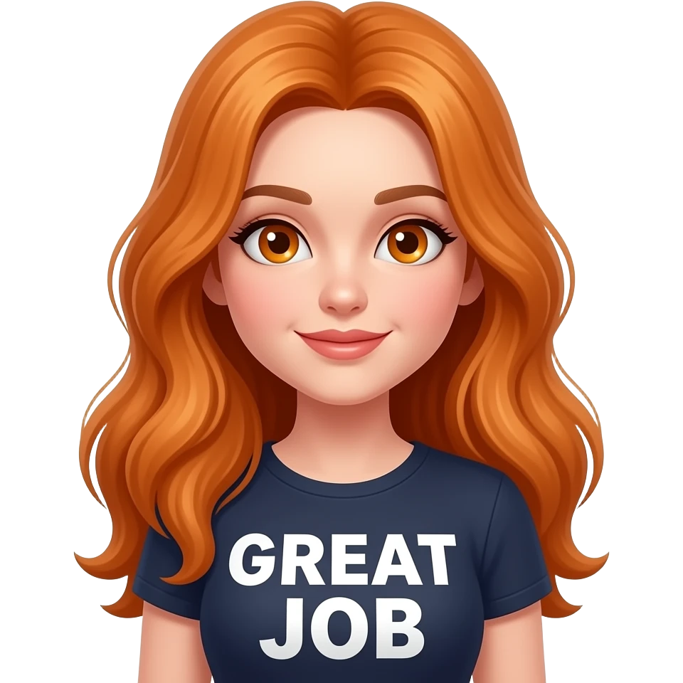 sexy girl with long ginger hair and ginger eyes a top with GREAT JOB written on it emoji