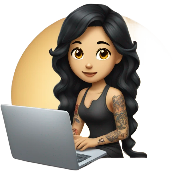 beautiful girl, with arm tattoos, with long black hair, wavy hair, chinese, with laptop emoji