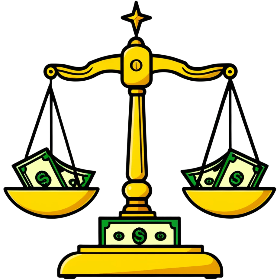 A decorative gold balance scale with green money and dollar signs on one side and three colorful stars on the other side emoji