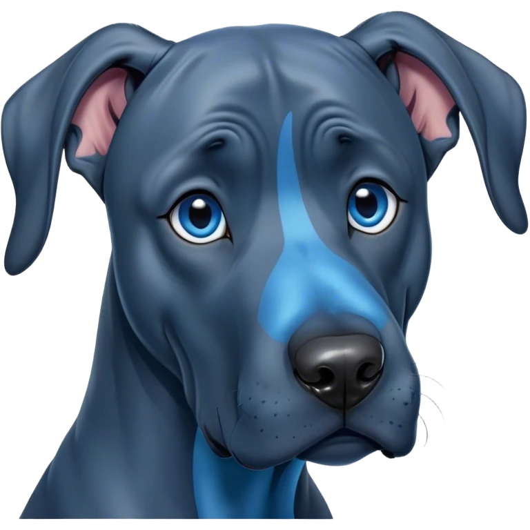 Cinematic Comical Blue Great Dane Portrait Emoji, Head tilted dramatically with an exaggeratedly amused expression, featuring a striking blue Fur with a glossy finish, wide, expressive steel-blue eyes filled with playful disbelief, Simplified yet hilariously expressive features, highly detailed, glowing with a slightly sassy glow, high shine, dramatic yet playful, stylized with an air of cheeky charm, bright and endearing, soft glowing outline, capturing the essence of a spirited and over-the-top guardian, so meme-worthy it feels like it could side-eye its way into internet fame instantly! emoji