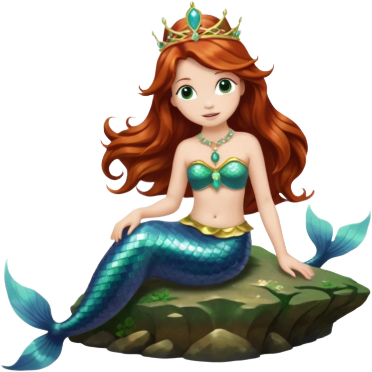 Mermaid with Shell Crown – Long flowing hair, shell tiar, sitting on rock emoji