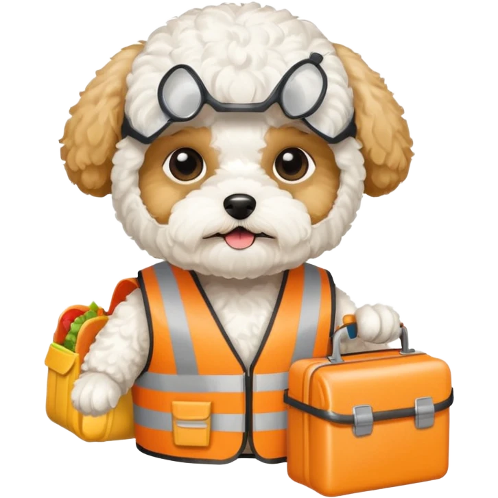 white maltipoo with construction vest and lunch box emoji
