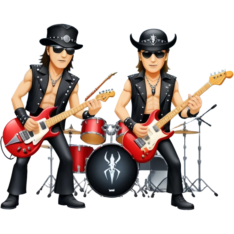 Icon for Rock Music: Scorpions live concert on stage with electric guitars, drums, and a powerful spotlight. Klaus Meine at the microphone, Rudolf Schenker and Matthias Jabs playing guitars, dynamic stage presence, and electric energy. Transparent background. emoji