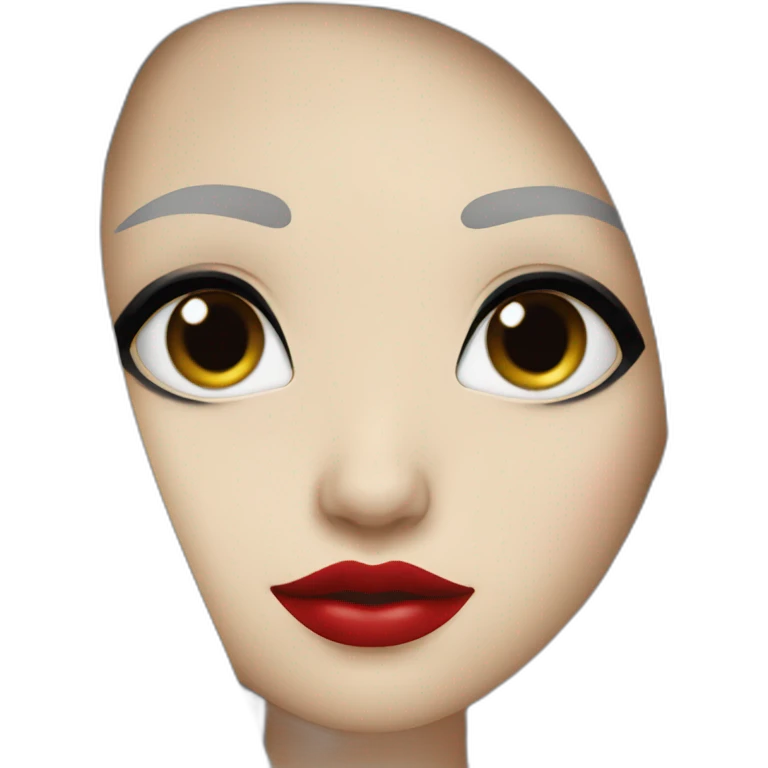 long straight black hair, red lipstick, black eyes, white skin and a small nose emoji