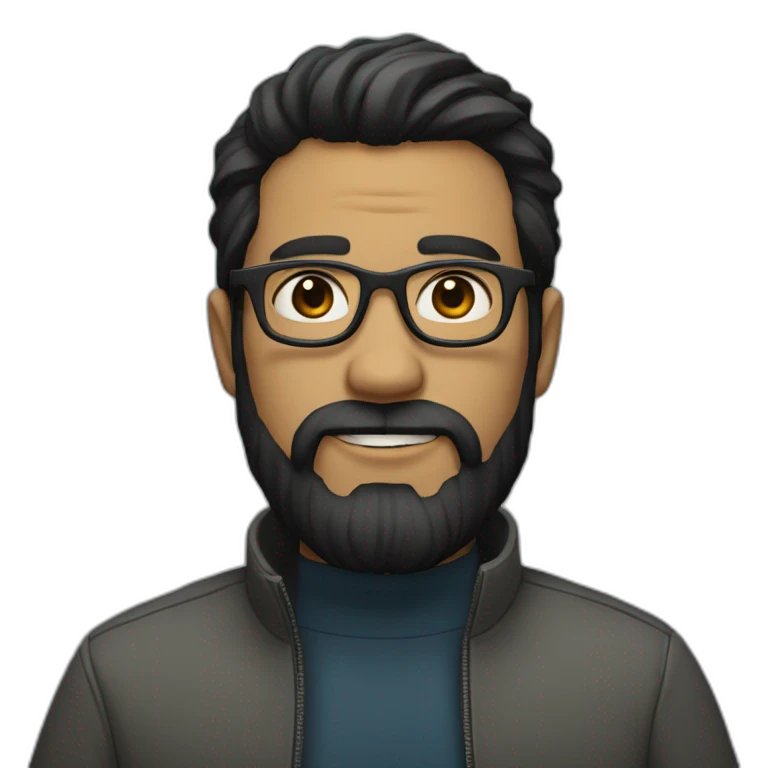 A man with black hair, a beard and dark grey glasses emoji
