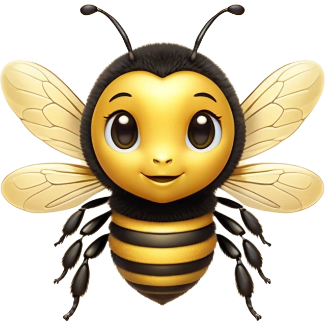 Cinematic Cute Bee Portrait Emoji, Head tilted playfully and inquisitively, featuring a delightfully small, fuzzy body with bright, shimmering eyes and adorable, delicate wings, Simplified yet irresistibly adorable features, highly detailed, glowing with a warm, inviting glow, high shine, affectionate and lively, stylized with a touch of whimsical honeyed charm, soft glowing outline, capturing the essence of a mischievous bee that seems as if it could buzz out of the screen into your arms! emoji