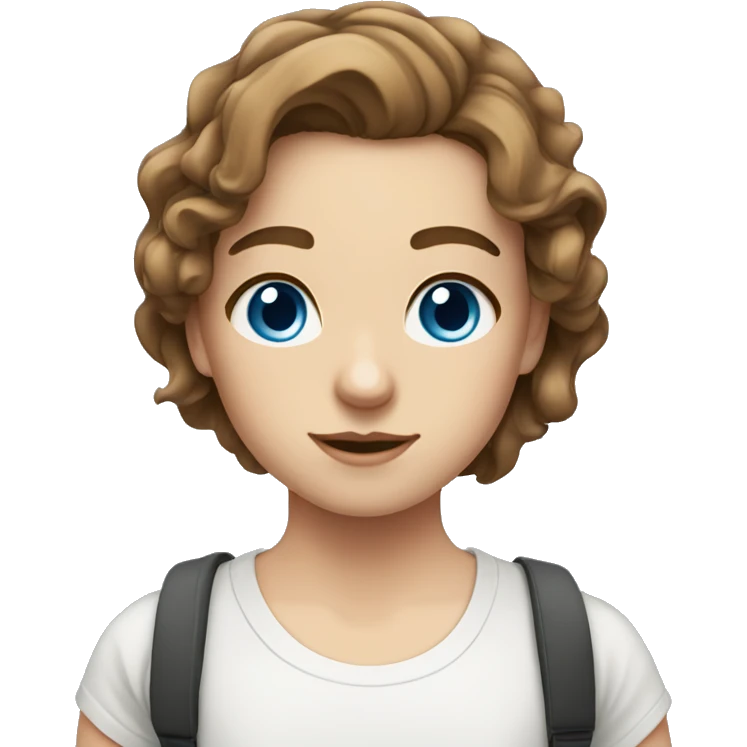 white girl, shoulder length wavy brown hair, blue eyes, white t shirt emoji