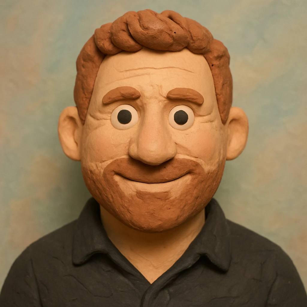 Create a claymation-style portrait emoji based on the person in the reference image, looking a bit younger with a friendly expression. Use pastel colors and ensure visible clay texture. Focus on head and shoulders only. emoji