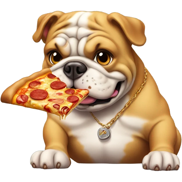 A bull dog eating pizza and wearing a golden chain emoji
