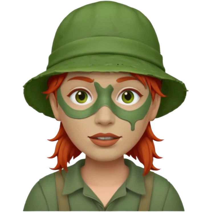 messy green full face clay mask and tourist hat red hair  emoji