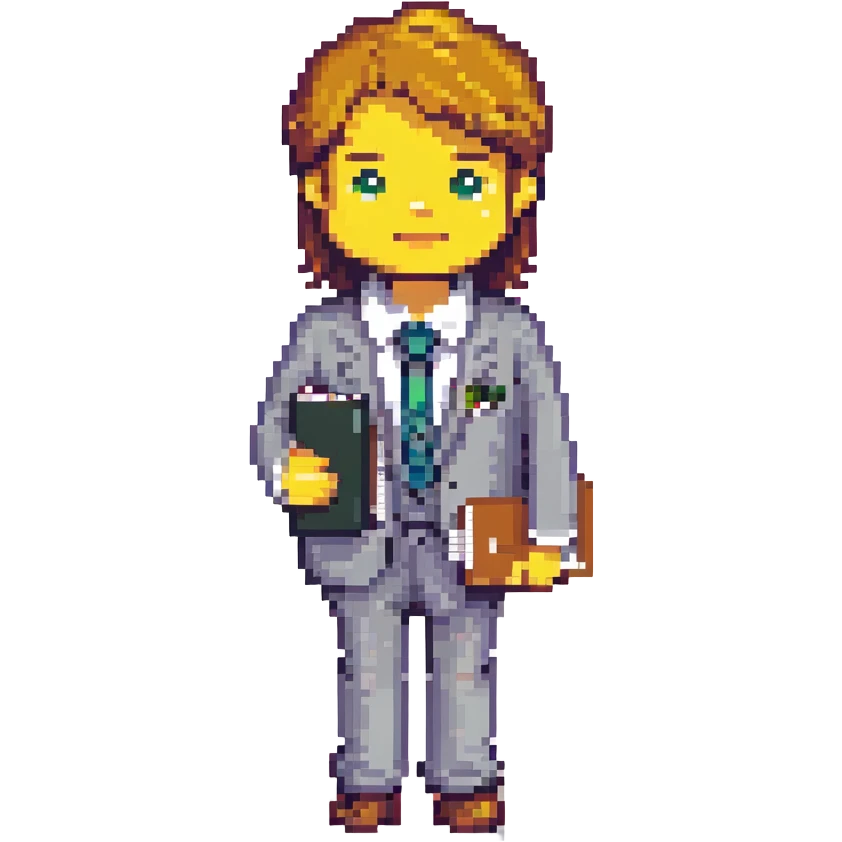 8-bit pixel art icon of a recruiter inspired by Mega Man style, character in business attire holding a clipboard or resume with a friendly expression emoji