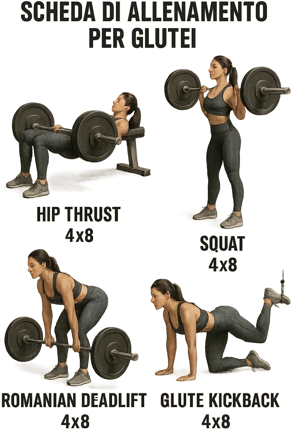 scheda di allenamento glutei in italiano con le reps scritte (tipo 4x8 ecc), iperrealistico 4k emoji