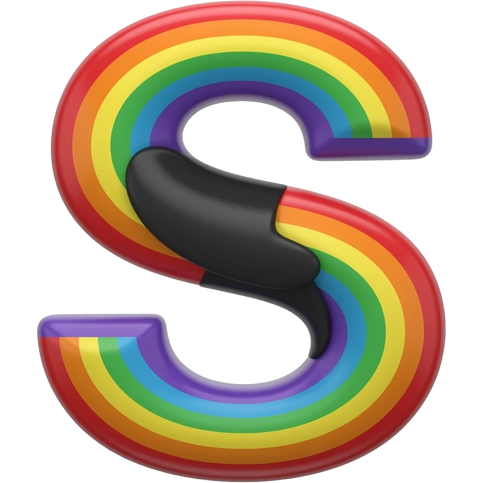 name "s" in black color  3D style typography lettering, each color of the rainbow as a border outlined around the letter,  isolated, 3d rendering, no emoji icons no emoji faces and must have no human figures emoji