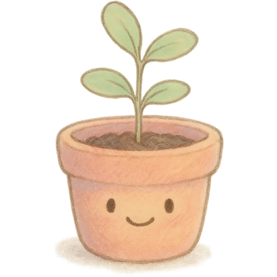 tiny pastel plant pot, Japanese soft hand-drawn, full object, with a gentle smile emoji