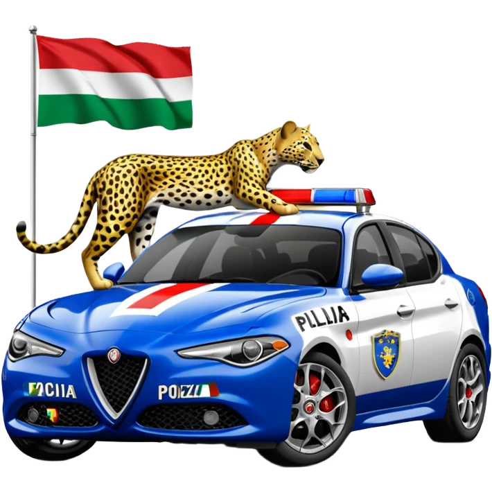 crea auto di servzio alfa romeo giulia colore nero con la scritta sul lato polizia penitenziaria e la un leopardo e la bandiera italiana emoji