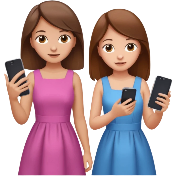 two brown haired girls, looking professional maybe leaned on each others back and looking forward and using phones, with longer hair and with some cute clothes without ties maybe dresses, one girl can hold lap top another one can hold the phone emoji