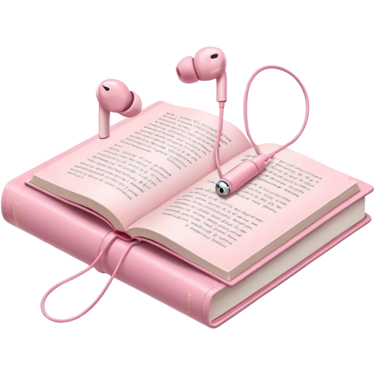  pink Pink Apple-style earbuds lying on an open book, soft pastel tones, cozy and minimal aesthetic, realistic lighting and shadows, top-down view, transparent background" emoji