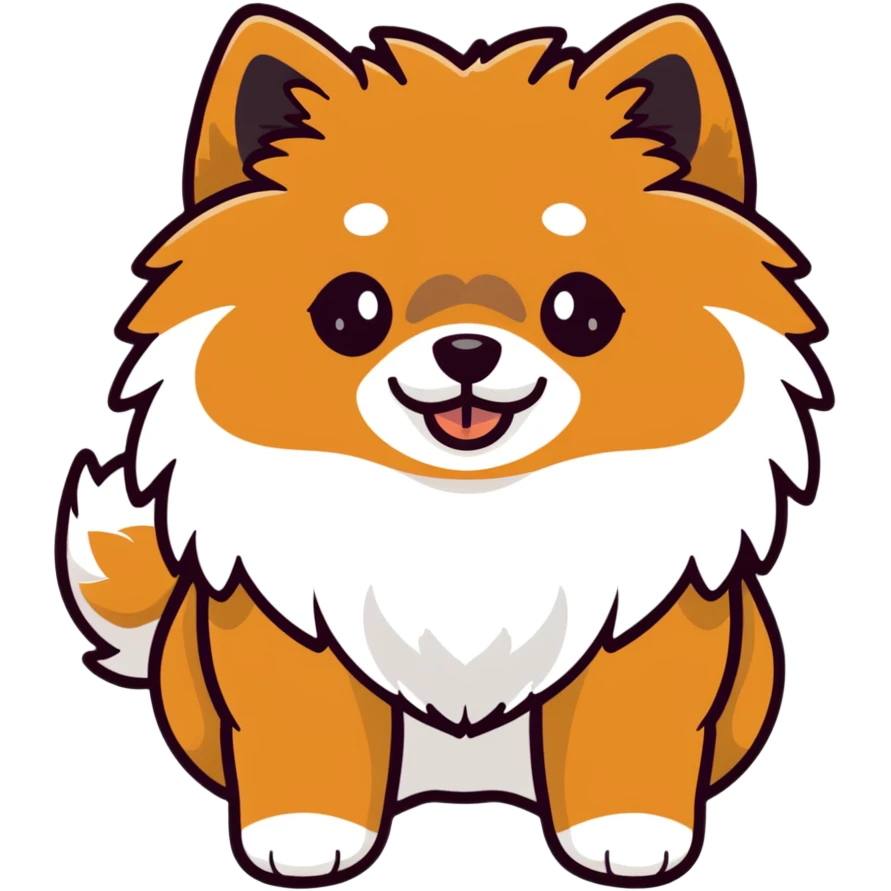 fluffy black and tan Pomeranian dog face, large round eyes, button nose, tan muzzle, tan eyebrow spots, thick ruff of fur, upright tousled ears, friendly and cute emoji