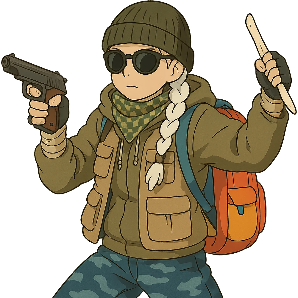 1 female, long white braid, knit cap, dark sunglasses, shemegh neckwrap, fishing vest, vibrant shool backpack, drab hoodie, handwraps, blue camo pants, makarov in 1 hand, bone shiv up and fighting backhand in the other hand emoji