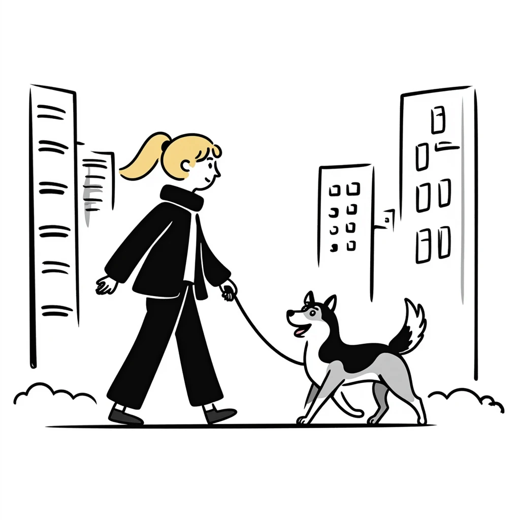 Blonde woman walking a happy Siberian husky in New York City on an upper east side city sidewalk  emoji