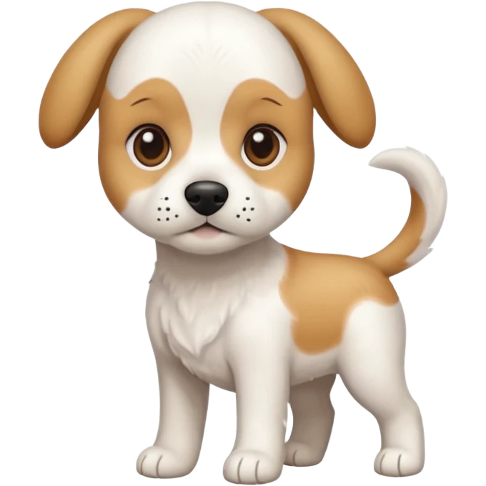 a full body white beagle x maltese x chi dog the size of a kelpie with light brown ears and a light brown patch on one eye emoji