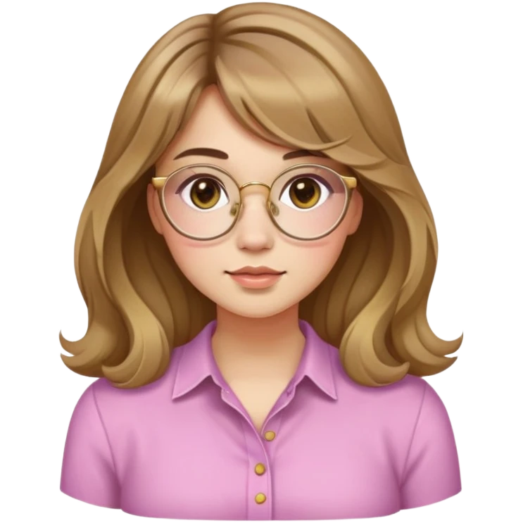 young adult woman with light skin, round face, prominent cheeks, medium plump body, long light brown hair with golden highlights, voluminous and wavy, long bangs over eyebrows, large octagonal glasses with thin golden or light pink frame, casual dark shirt emoji