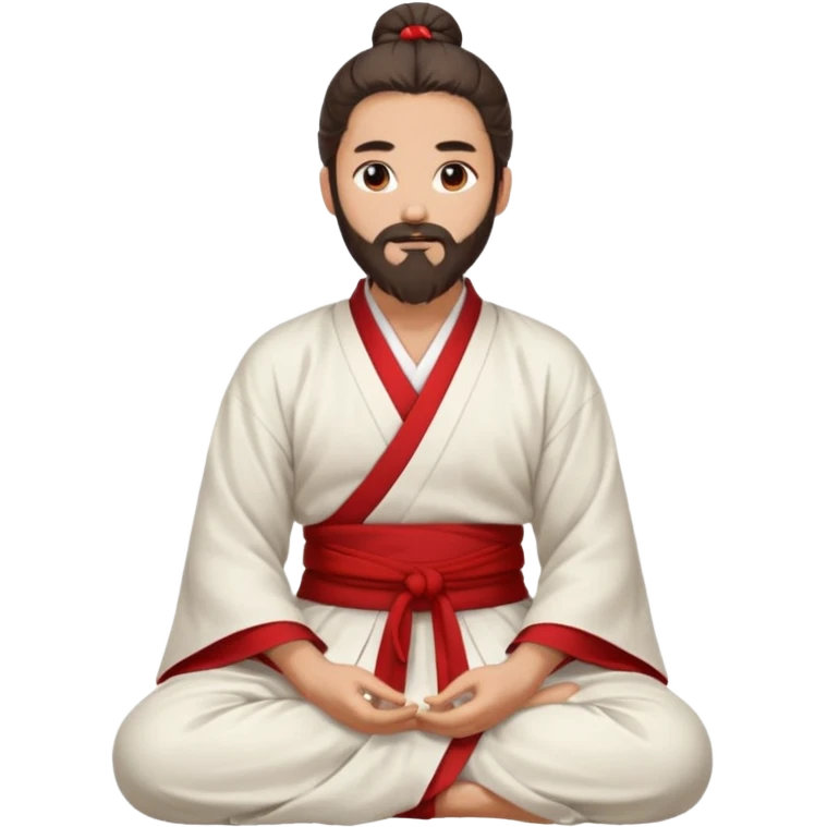 Beautiful man with lightly tan skin and dark long beard, long hair in bun, in white and red Hanfu sitting on the ground emoji