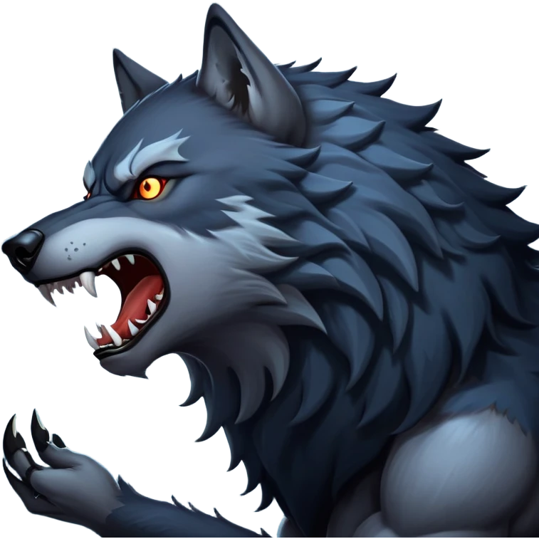 cinematic-noble-fierce-werewolf-howling-portrait-emoji, poised-and-imposing, with a fierce wolfish face tilted upwards in a haunting howl, glowing eyes full of primal ferocity, sharp, and a rugged snout, fur rippling in shades of midnight black and silver, muscles tensed as the powerful howl echoes beneath the moonlit sky; rendered with realism, capturing the raw, untamed power of the beast in its wild, primal state emoji