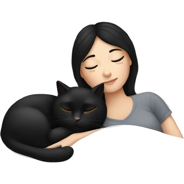 White girl with black hair sleeping with black cat emoji