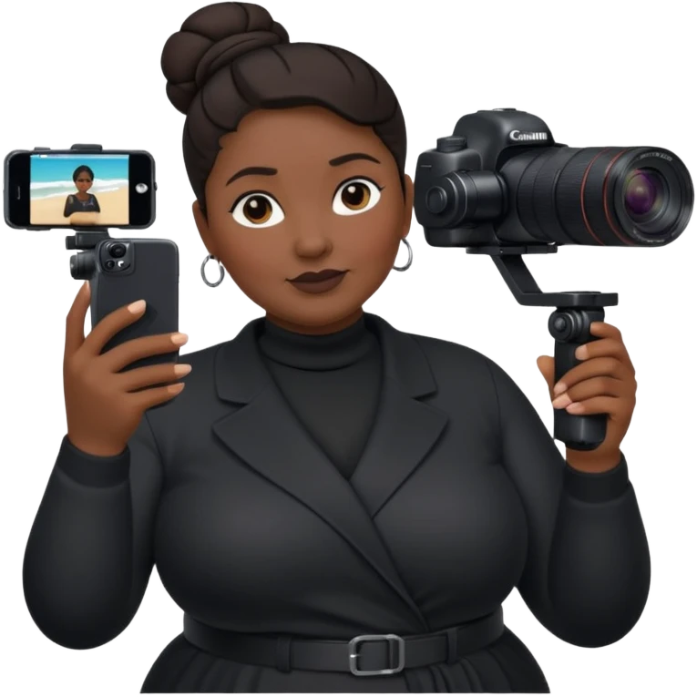 middle aged, plump woman photographer with dark hair, slicked back in a bun, wearing black clothes, carrying a canon r5, and an iPhone on a gimbal emoji