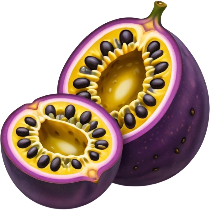 whole round purple passion fruit with slightly wrinkled matte skin next to a halved piece exposing vibrant yellow pulp filled with glossy black seeds juicy jelly-like texture bold contrast between rind and interior no leaf spoon or extras soft lighting subtle shadows emoji scale emoji