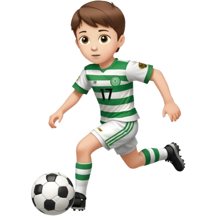 Celtic footballer jersey logo  6 years old brown hair white boy , brown eyes , stripes uniform , RUNNING  with soccer ball is number  17 celtic football logo  ONE CELTIC LOGO ONLY white shorts emoji