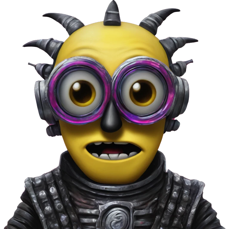 Synthwave minion in Lordi style, oil paint, black eyes, intricate lips, masterpiece portrait, beautiful, desirable, logical, love, peace, understanding emoji