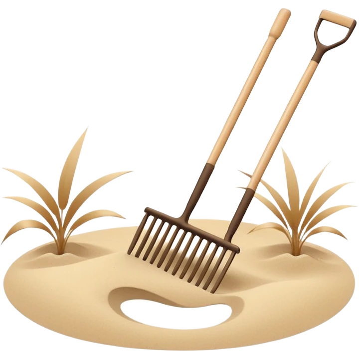 Minimalist emoji of a Japanese zen garden rake with four teeth, elegant thin lines, light wood tone, sand-beige palette, flat vector style, calm and balanced aesthetic, zen-inspired, transparent background, premium minimal design emoji