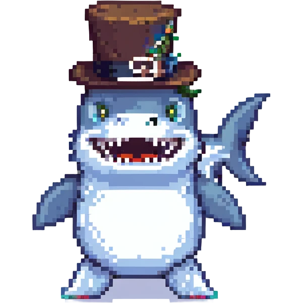 shark with a top hat, pixel art style emoji