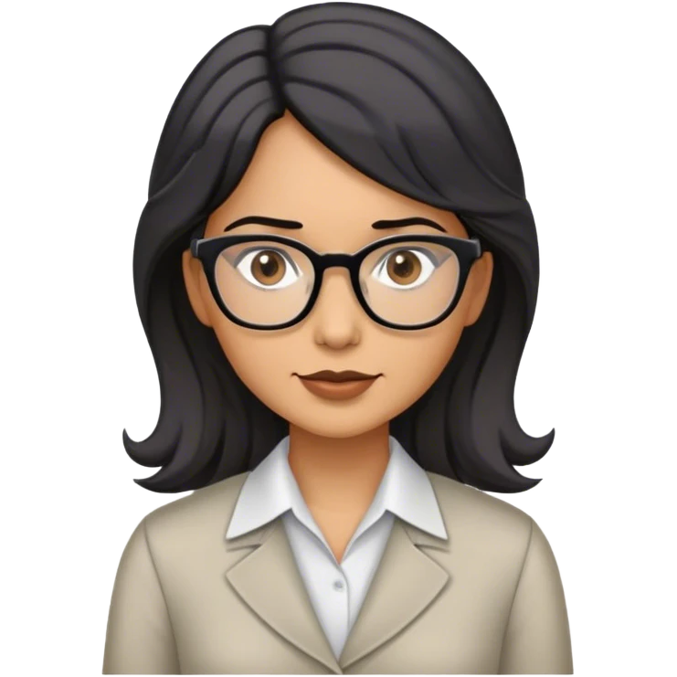 project manager woman ojos cafe oscuros cabello negro con un pequeño me chon de canas al lado izquierdo parte superior, cabello ondulado casi liso hasta el pecho con gafas  emoji