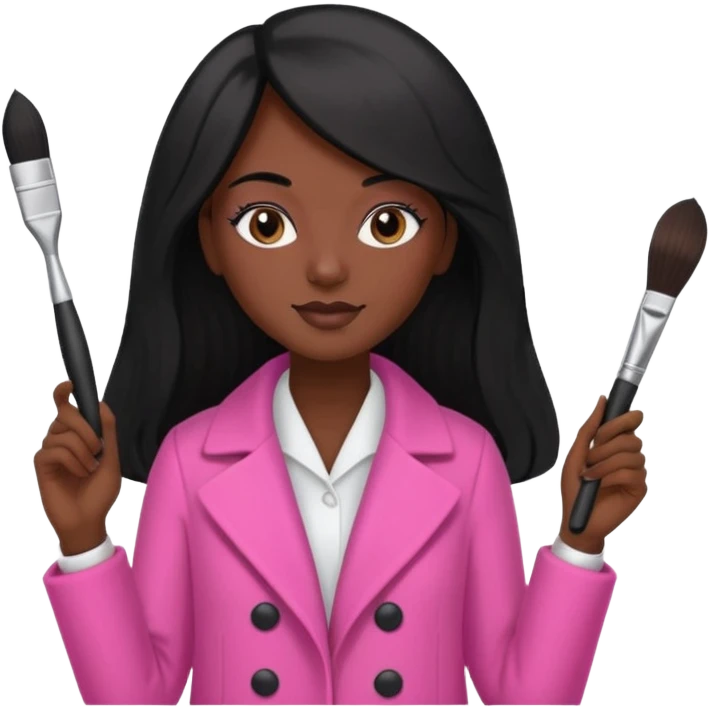 Cosmetologist, dark skin, long black hair, with cosmetology brush, and pink coat emoji