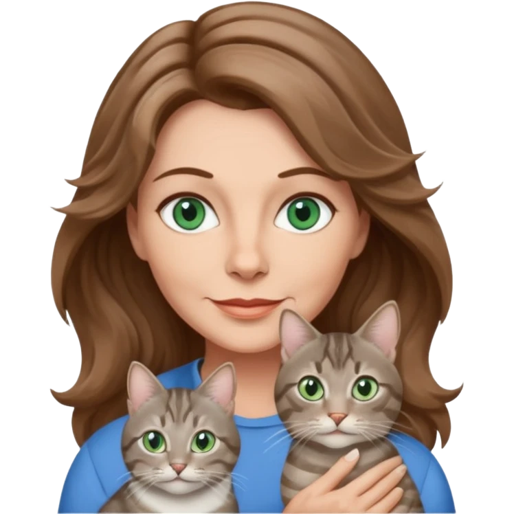 beautiful 50 yr old woman, wavy light brown hair, blue green eyes with beautiful gray tabby cat eyes emoji